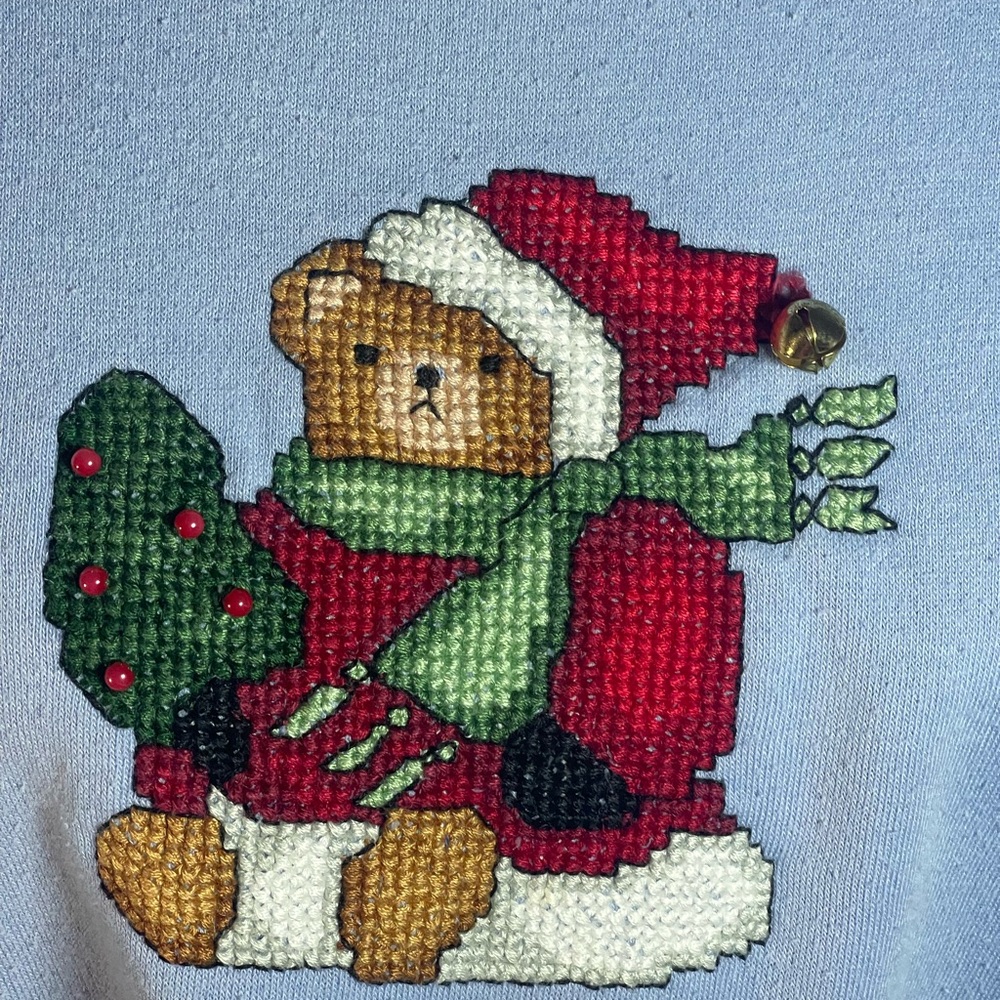 Vintage GAP Women's XL Sweatshirt Baby Blue Christmas Bear Bell Embroidered Ugly - Picture 3 of 10